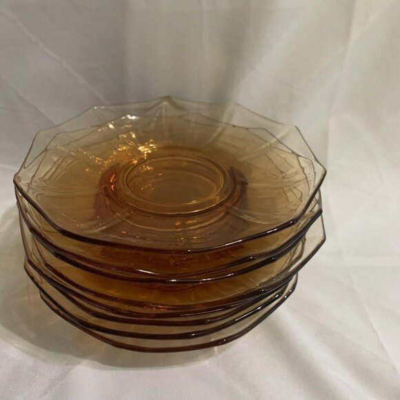 Vintage Cambridge Decagon 8 Amber Glass Cups & Saucers Signed Home Decor Tea - Picture 9 of 15